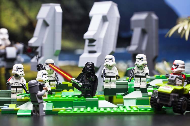 Lego Star Wars. Squad of stormtroopers and Darth Vader on Easter Island
